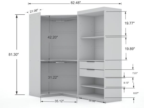 Manhattan Comfort Mulberry Open 2 Sectional Modern Corner Wardrobe Closet with 2 Drawers- Set of 2 in White