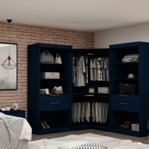 Manhattan Comfort Mulberry Open 3 Sectional Modern Wardrobe Corner Closet with 4 Drawers - Set of 3 in Tatiana Midnight Blue