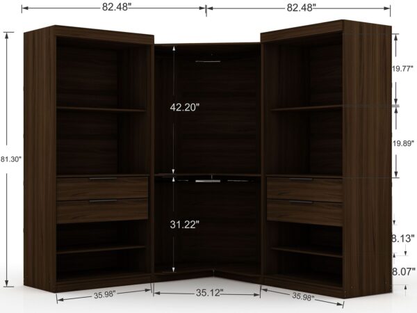 Manhattan Comfort Mulberry Open 3 Sectional Modern Wardrobe Corner Closet with 4 Drawers - Set of 3 in Brown