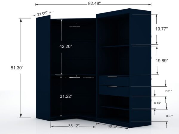 Manhattan Comfort Mulberry 3.0 Sectional Modern Corner Wardrobe Closet with 2 Drawers - Set of 2 in Tatiana Midnight Blue