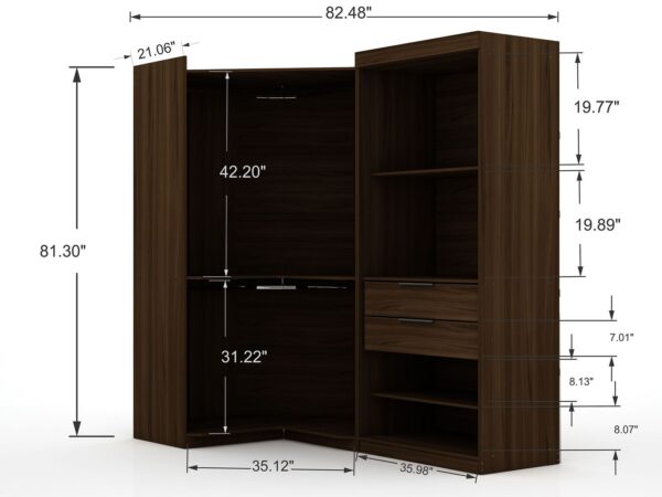 Manhattan Comfort Mulberry 2.0 Semi Open 2 Sectional Modern Wardrobe Corner Closet with 2 Drawers - Set of 2 in Brown