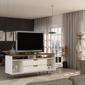 Manhattan Comfort Rockefeller 62.99 TV Stand with Metal Legs and 2 Drawers in Off White and Nature