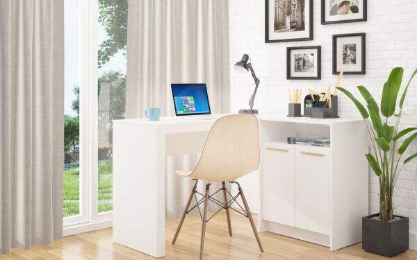 Manhattan Comfort Kalmar L-Shaped Office Desk with Inclusive Cabinet in White