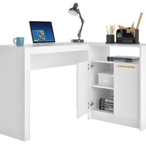 Manhattan Comfort Kalmar L-Shaped Office Desk with Inclusive Cabinet in White