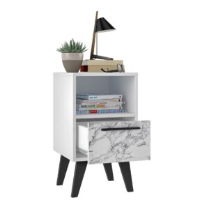 Manhattan Comfort Mid-Century- Modern Amsterdam Nightstand 1.0 with 1 Shelf in White Marble