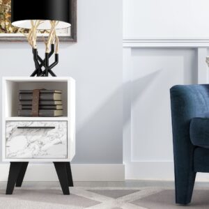 Manhattan Comfort Mid-Century- Modern Amsterdam Nightstand 1.0 with 1 Shelf in White Marble