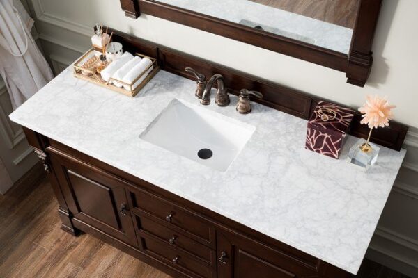 James Martin 147-114-5361-3CAR Brookfield 60 Inch Burnished Mahogany Single Vanity with 3 cm Carrara Marble Top