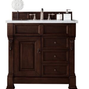 James Martin 147-114-5566-3CAR Brookfield 36 Inch Burnished Mahogany Single Vanity with Drawers with 3 cm Carrara Marble Top