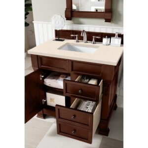 James Martin 147-114-5586-3EMR Brookfield 36 Inch Warm Cherry Single Vanity with 3 CM Eternal Marfil Quartz Top