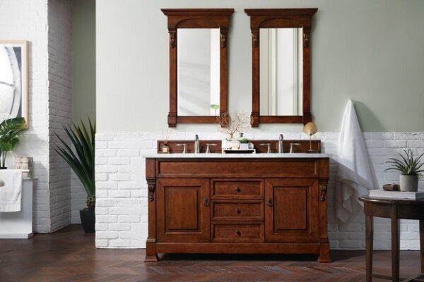 James Martin 147-114-5681-3CAR Brookfield 60 Inch Warm Cherry Double Vanity with 3 cm Carrara Marble Top