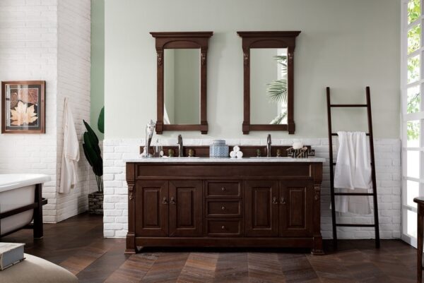 James Martin 147-114-5761-3CAR Brookfield 72 Inch Burnished Mahogany Double Vanity with 3 cm Carrara Marble Top