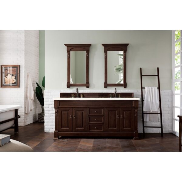 James Martin 147-114-5761-3EMR Brookfield 72 Inch Burnished Mahogany Double Vanity with 3 CM Eternal Marfil Quartz Top