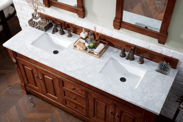 James Martin 147-114-5781-3CAR Brookfield 72 Inch Warm Cherry Double Vanity with 3 cm Carrara MarbleTop