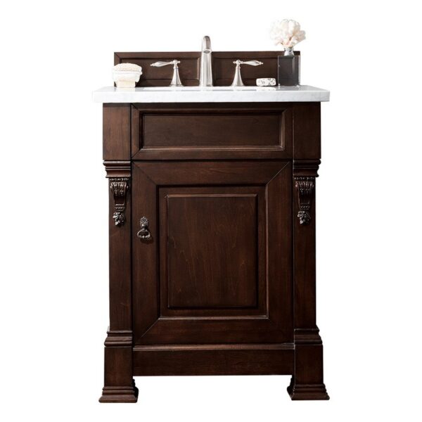 James Martin 147-114-V26-BNM-3AF Brookfield 26 Inch Burnished Mahogany Single Vanity with 3 cm Arctic Fall Solid Surface Top