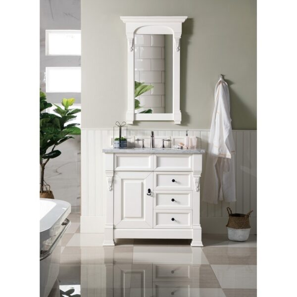 James Martin 147-V36-BW-3CAR Brookfield 36 Inch Bright White Single Vanity with Drawers with 3 cm Carrara Marble Top