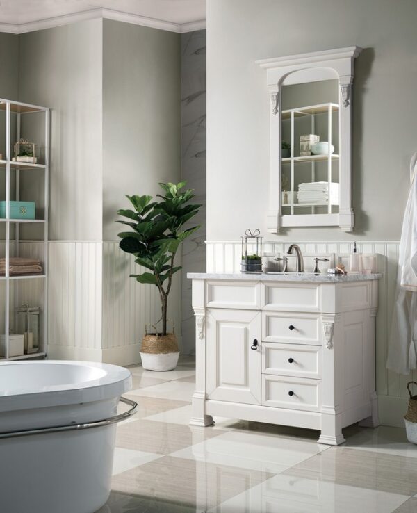 James Martin 147-V36-BW-3CAR Brookfield 36 Inch Bright White Single Vanity with Drawers with 3 cm Carrara Marble Top