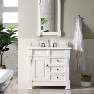 James Martin 147-V36-BW-3EJP Brookfield 36 Inch Bright White Single Vanity with Drawers with 3 cm Eternal Jasmine Pearl Quartz Top with Sink