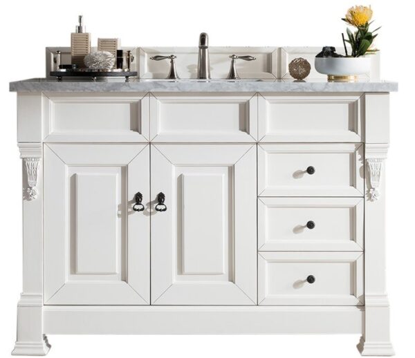 James Martin 147-V48-BW-3CAR Brookfield 48 Inch Bright White Single Vanity with Drawers with 3 cm Carrara Marble Top