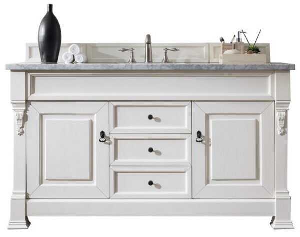 James Martin 147-V60S-BW-3CAR Brookfield 60 Inch Bright White Single Vanity with 3 cm Carrara Marble Top