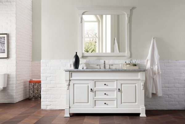 James Martin 147-V60S-BW-3CAR Brookfield 60 Inch Bright White Single Vanity with 3 cm Carrara Marble Top