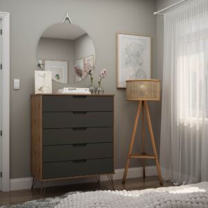 Manhattan Comfort Rockefeller 5-Drawer Tall Dresser with Metal Legs in Nature and Textured Grey