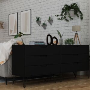 Manhattan Comfort Rockefeller 6-Drawer Double Low Dresser with Metal Legs in Black