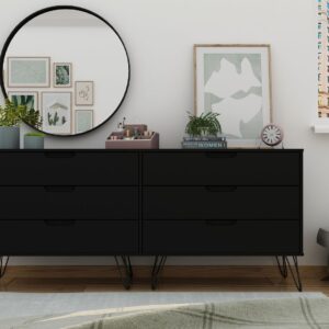 Manhattan Comfort Rockefeller 6-Drawer Double Low Dresser with Metal Legs in Black