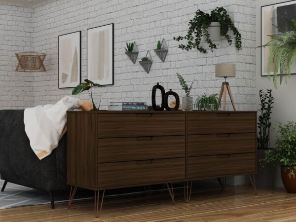 Manhattan Comfort Rockefeller 6-Drawer Double Low Dresser with Metal Legs in Brown