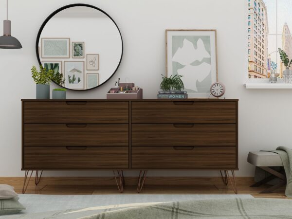 Manhattan Comfort Rockefeller 6-Drawer Double Low Dresser with Metal Legs in Brown