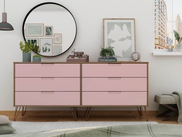 Manhattan Comfort Rockefeller 6-Drawer Double Low Dresser with Metal Legs in Native and Rose Pink