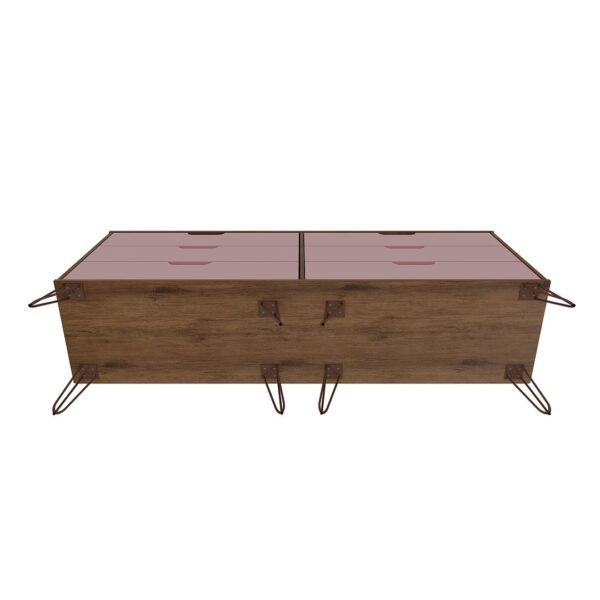 Manhattan Comfort Rockefeller 6-Drawer Double Low Dresser with Metal Legs in Native and Rose Pink