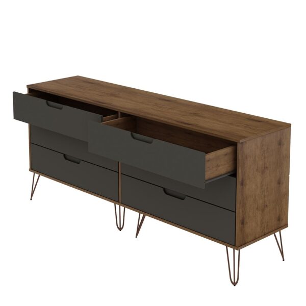 Manhattan Comfort Rockefeller 6-Drawer Double Low Dresser with Metal Legs in Nature and Textured Grey