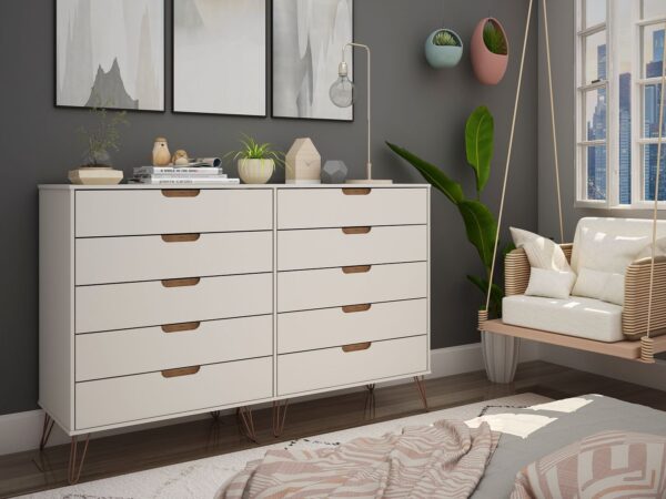 Manhattan Comfort Rockefeller 10-Drawer Double Tall Dresser with Metal Legs in Off White and Nature