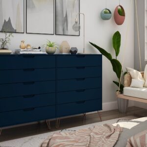 Manhattan Comfort Rockefeller 10-Drawer Double Tall Dresser with Metal Legs in Tatiana Midnight Blue