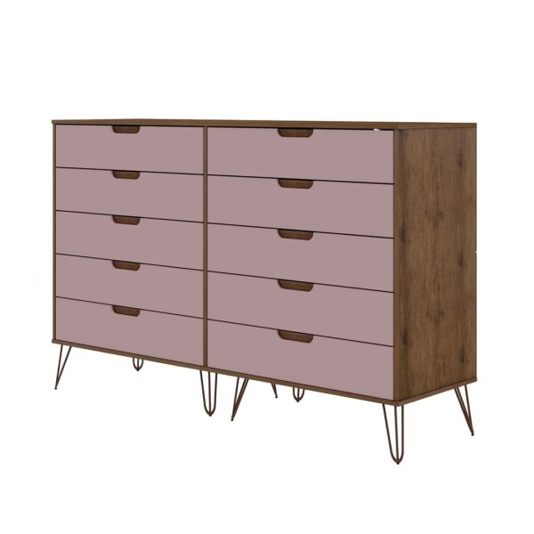 Manhattan Comfort Rockefeller 10-Drawer Double Tall Dresser with Metal Legs in Nature and Rose Pink