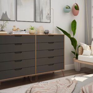 Manhattan Comfort Rockefeller 10-Drawer Double Tall Dresser with Metal Legs in Nature and Textured Grey