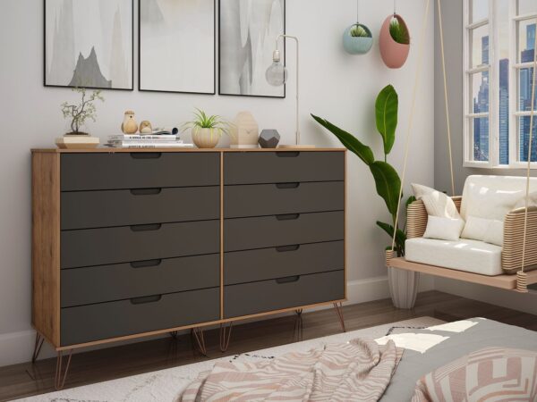 Manhattan Comfort Rockefeller 10-Drawer Double Tall Dresser with Metal Legs in Nature and Textured Grey