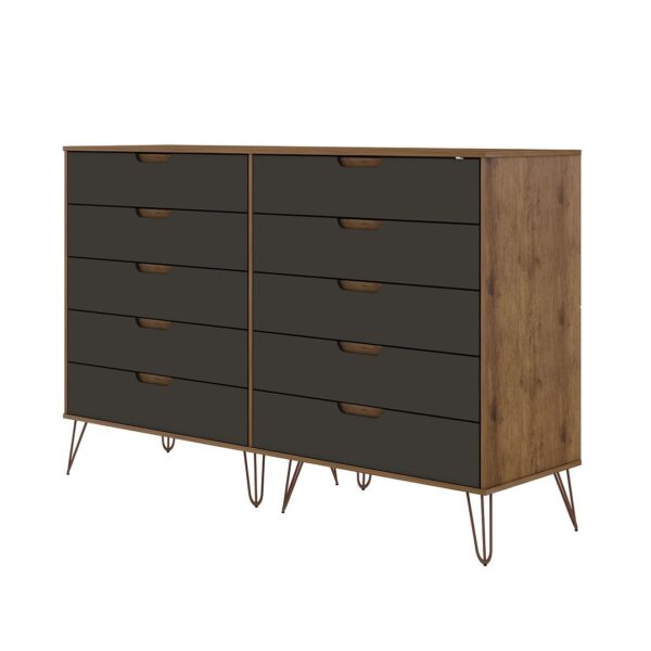 Manhattan Comfort Rockefeller 10-Drawer Double Tall Dresser with Metal Legs in Nature and Textured Grey