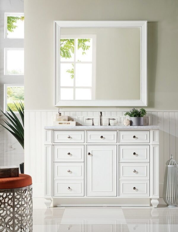 James Martin 157-V48-BW-3CAR Bristol 48 Inch Single Vanity in Bright White with 3 cm Carrara Marble Top