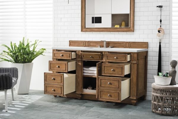 James Martin 157-V60S-SBR-3ENC Bristol 60 Inch Single Vanity Cabinet with Ethereal Noctis Quartz Top - Saddle Brown