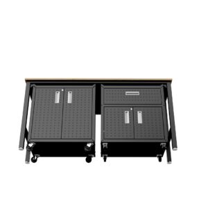 Manhattan Comfort 3-Piece Fortress Mobile Space-Saving Steel Garage Cabinet and Worktable 2.0 in Charcoal Grey