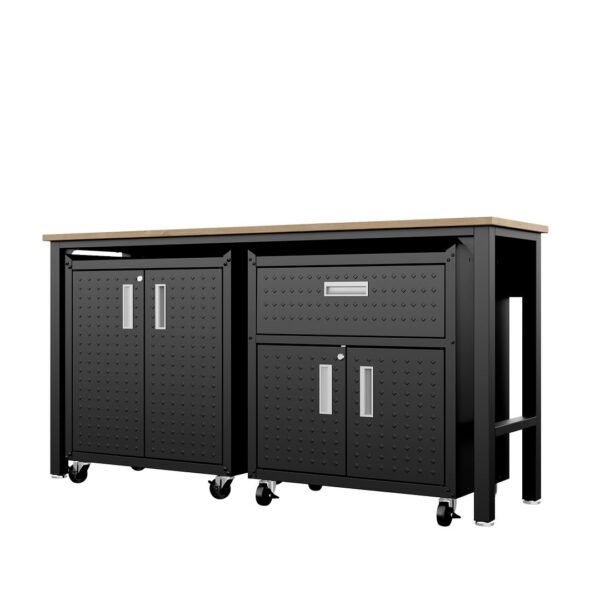 Manhattan Comfort 3-Piece Fortress Mobile Space-Saving Steel Garage Cabinet and Worktable 2.0 in Charcoal Grey