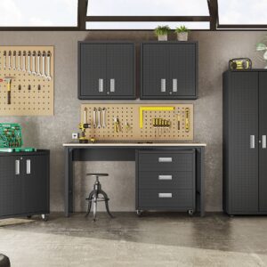 Manhattan Comfort 3-Piece Fortress Mobile Space-Saving Steel Garage Cabinet and Worktable 2.0 in Charcoal Grey