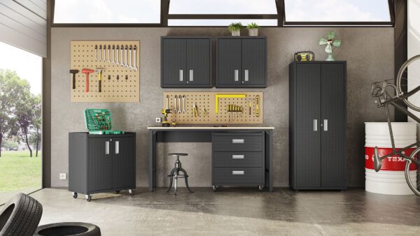 Manhattan Comfort 3-Piece Fortress Mobile Space-Saving Steel Garage Cabinet and Worktable 2.0 in Charcoal Grey