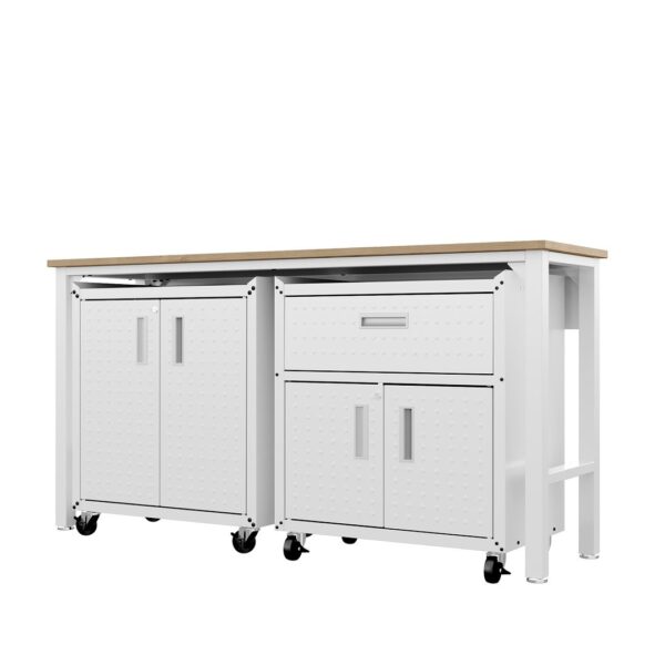 Manhattan Comfort 3-Piece Fortress Mobile Space-Saving Steel Garage Cabinet and Worktable 2.0 in White