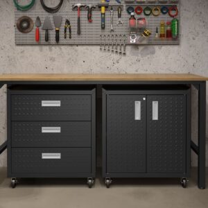 Manhattan Comfort 3-Piece Fortress Mobile Space-Saving Steel Garage Cabinet and Worktable 3.0 in Charcoal Grey