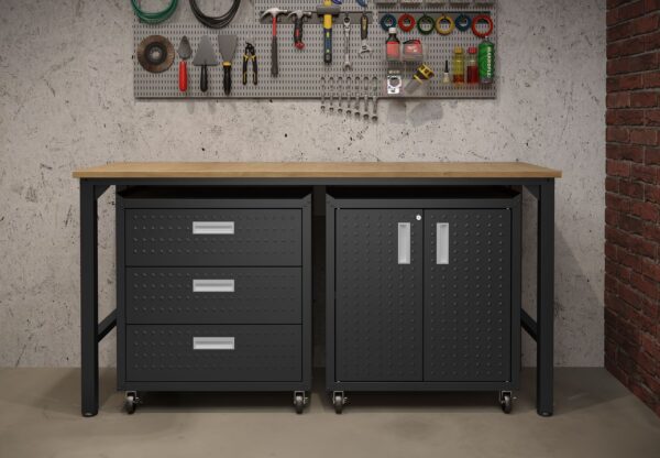 Manhattan Comfort 3-Piece Fortress Mobile Space-Saving Steel Garage Cabinet and Worktable 3.0 in Charcoal Grey