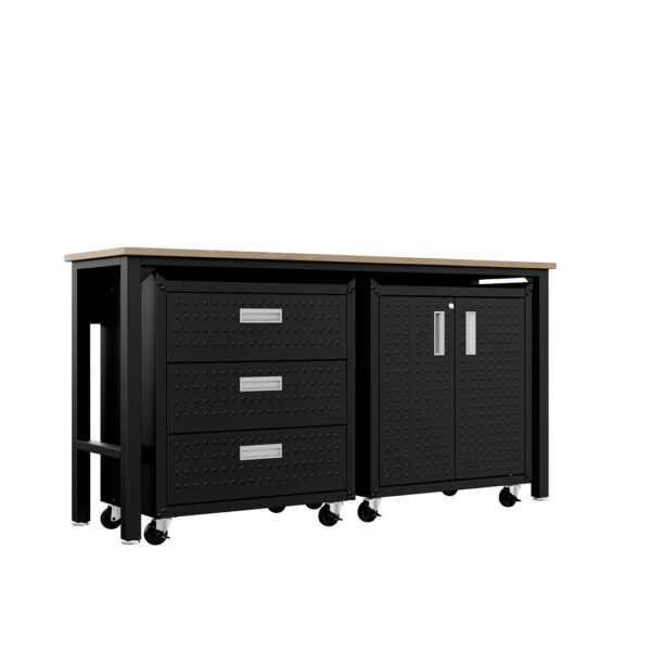 Manhattan Comfort 3-Piece Fortress Mobile Space-Saving Steel Garage Cabinet and Worktable 3.0 in Charcoal Grey