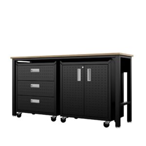 Manhattan Comfort 3-Piece Fortress Mobile Space-Saving Steel Garage Cabinet and Worktable 3.0 in Charcoal Grey