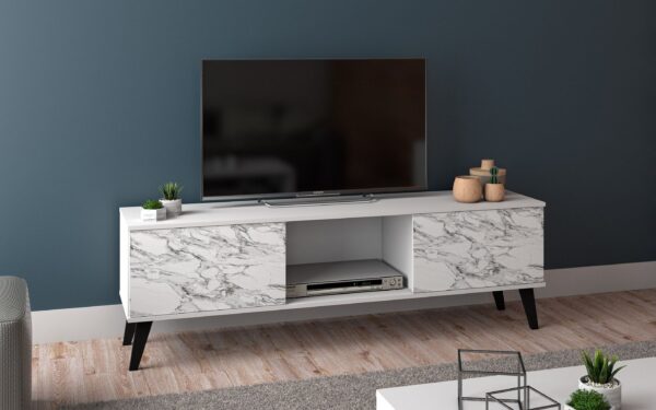 Manhattan Comfort Doyers 53.15 Mid-Century Modern TV Stand in White and Marble Stamp